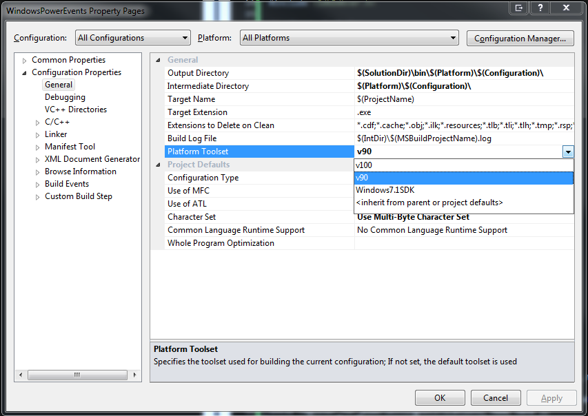 Setting the Platform Toolset in Visual Studio 2010